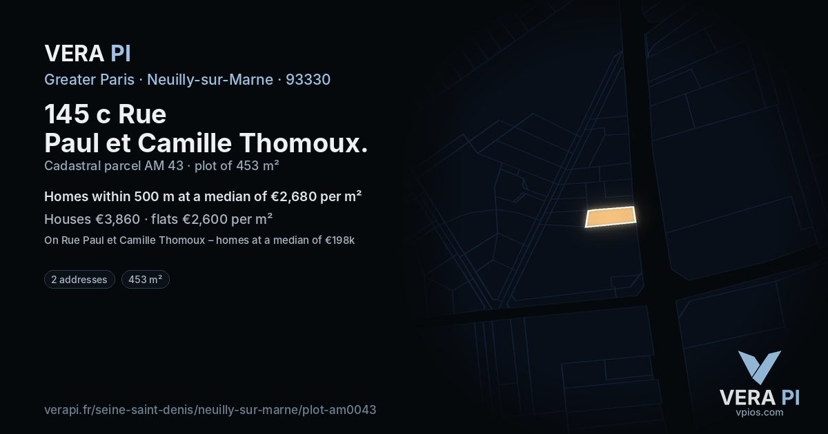 145 c Rue Paul et Camille Thomoux, Neuilly-sur-Marne at night – the plot lit, the parcels around coloured by the prices near them