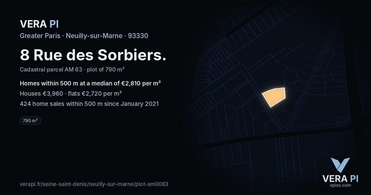 8 Rue des Sorbiers, Neuilly-sur-Marne at night – the plot lit, the parcels around coloured by the prices near them