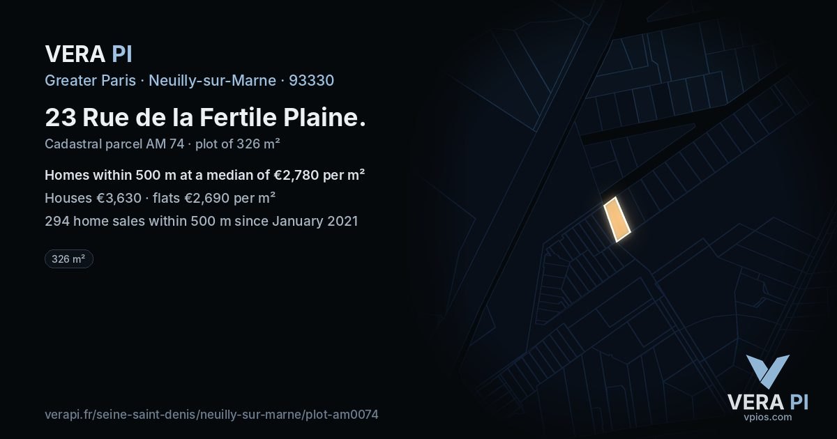 23 Rue de la Fertile Plaine, Neuilly-sur-Marne at night – the plot lit, the parcels around coloured by the prices near them