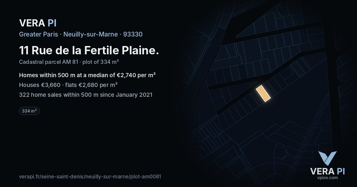 11 Rue de la Fertile Plaine, Neuilly-sur-Marne at night – the plot lit, the parcels around coloured by the prices near them