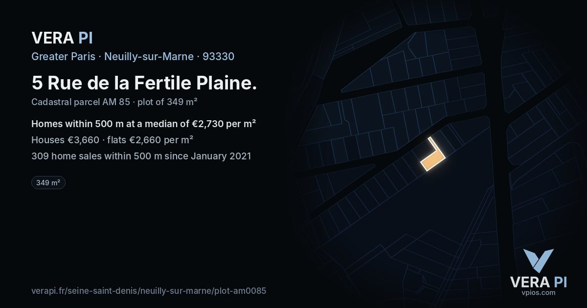 5 Rue de la Fertile Plaine, Neuilly-sur-Marne at night – the plot lit, the parcels around coloured by the prices near them