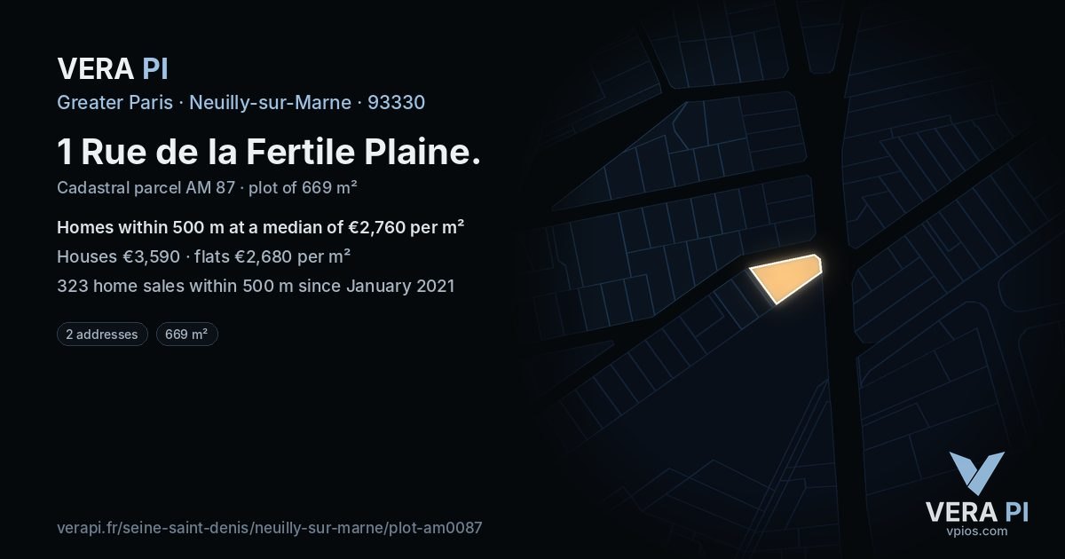 1 Rue de la Fertile Plaine, Neuilly-sur-Marne at night – the plot lit, the parcels around coloured by the prices near them