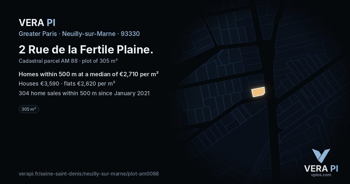2 Rue de la Fertile Plaine, Neuilly-sur-Marne at night – the plot lit, the parcels around coloured by the prices near them