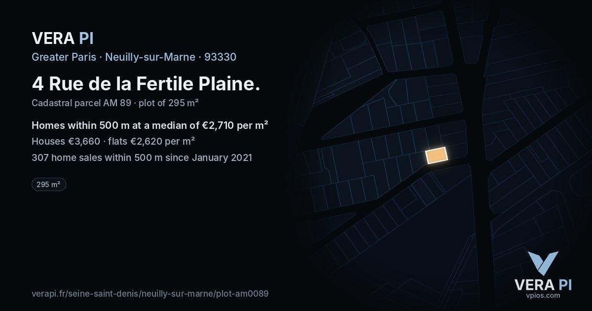 4 Rue de la Fertile Plaine, Neuilly-sur-Marne at night – the plot lit, the parcels around coloured by the prices near them