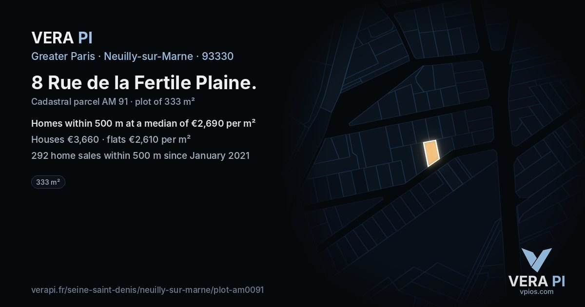 8 Rue de la Fertile Plaine, Neuilly-sur-Marne at night – the plot lit, the parcels around coloured by the prices near them