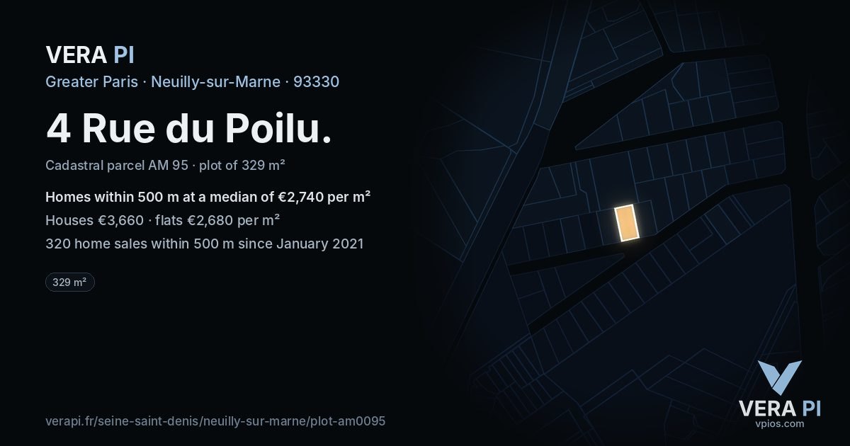 4 Rue du Poilu, Neuilly-sur-Marne at night – the plot lit, the parcels around coloured by the prices near them