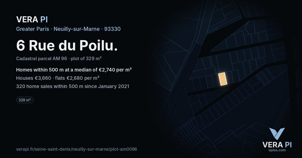 6 Rue du Poilu, Neuilly-sur-Marne at night – the plot lit, the parcels around coloured by the prices near them