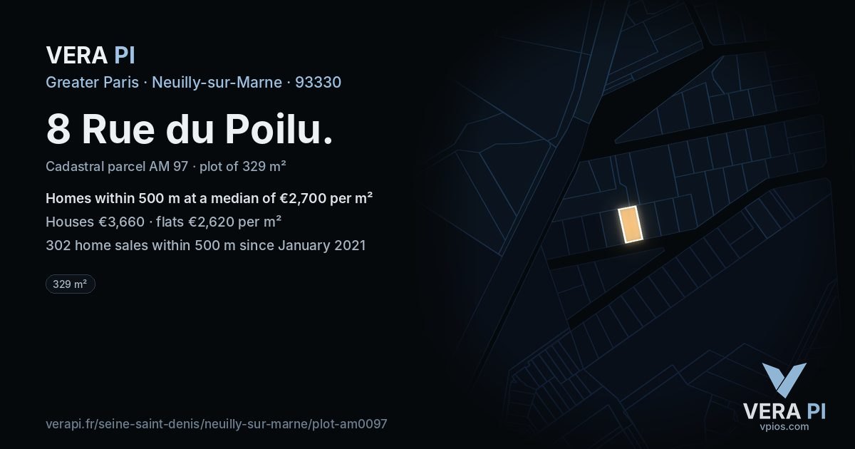 8 Rue du Poilu, Neuilly-sur-Marne at night – the plot lit, the parcels around coloured by the prices near them