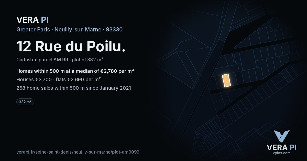 12 Rue du Poilu, Neuilly-sur-Marne at night – the plot lit, the parcels around coloured by the prices near them