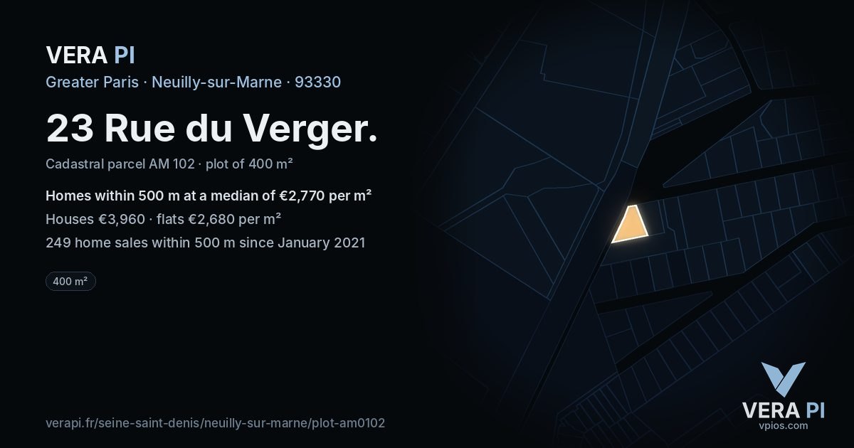 23 Rue du Verger, Neuilly-sur-Marne at night – the plot lit, the parcels around coloured by the prices near them