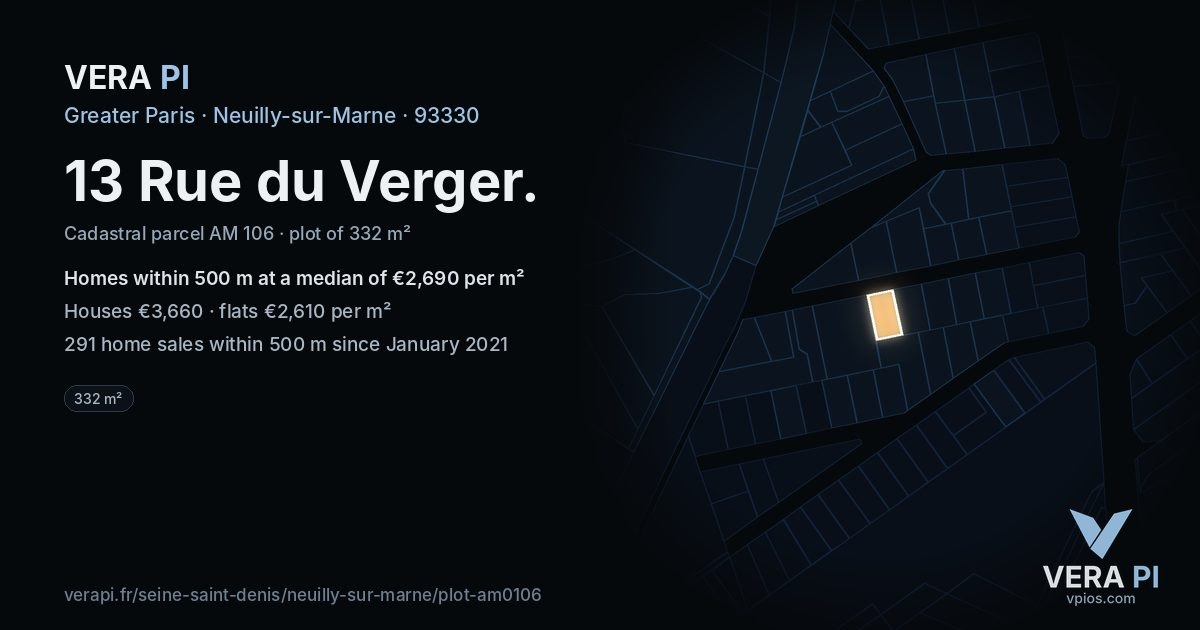 13 Rue du Verger, Neuilly-sur-Marne at night – the plot lit, the parcels around coloured by the prices near them