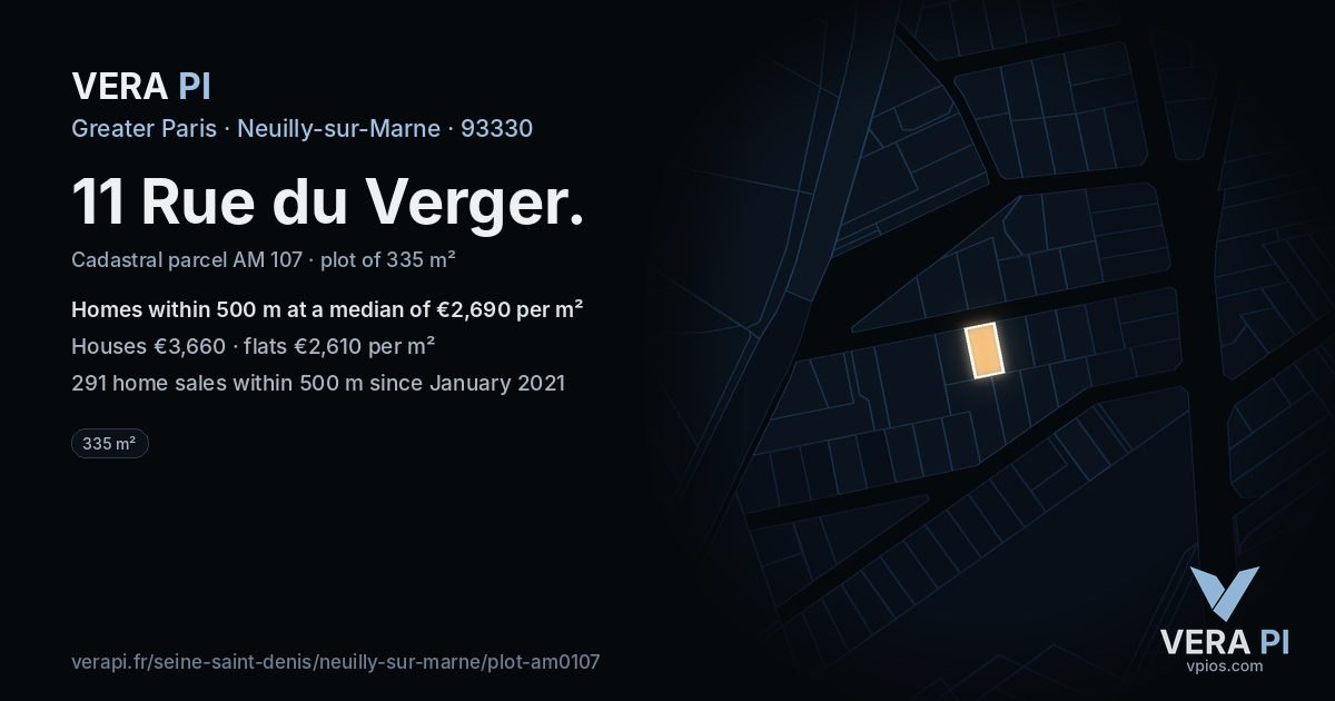 11 Rue du Verger, Neuilly-sur-Marne at night – the plot lit, the parcels around coloured by the prices near them
