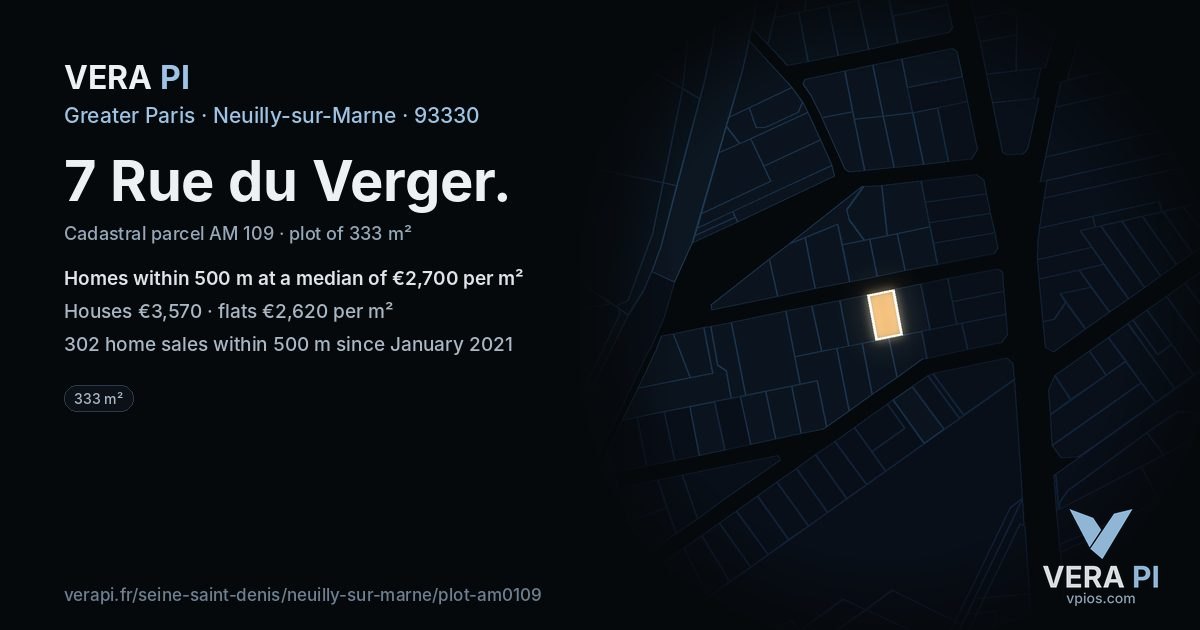 7 Rue du Verger, Neuilly-sur-Marne at night – the plot lit, the parcels around coloured by the prices near them