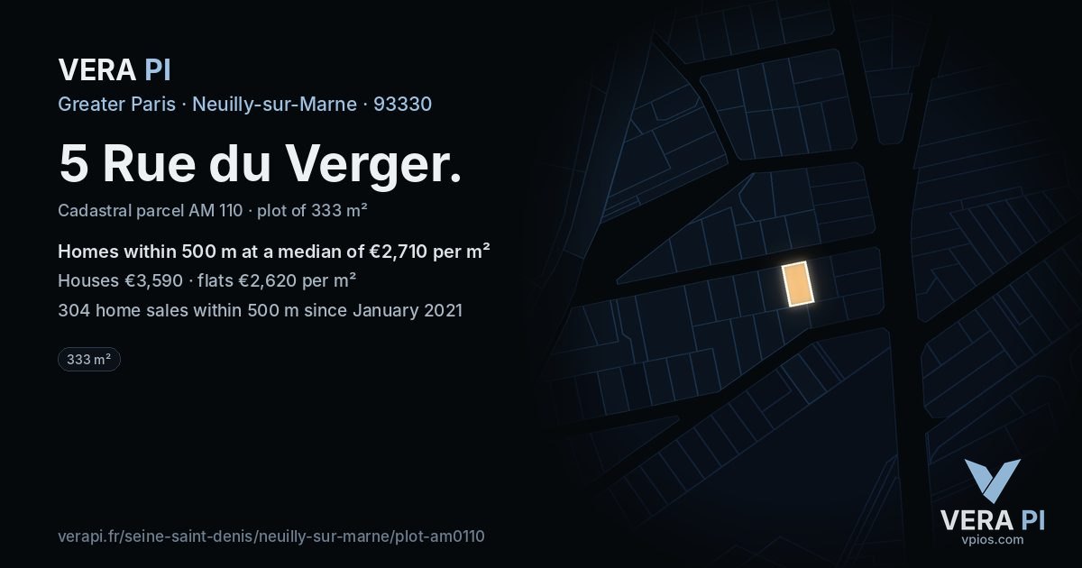 5 Rue du Verger, Neuilly-sur-Marne at night – the plot lit, the parcels around coloured by the prices near them