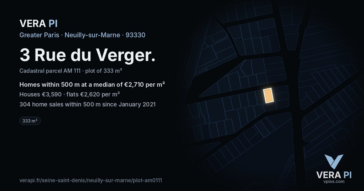 3 Rue du Verger, Neuilly-sur-Marne at night – the plot lit, the parcels around coloured by the prices near them