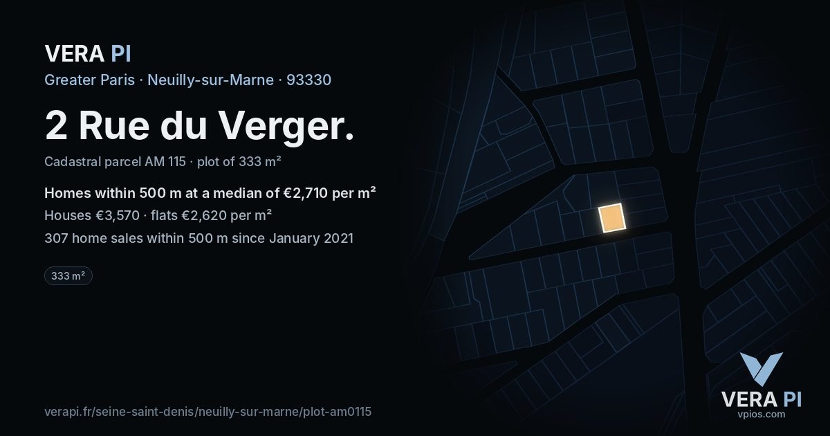 2 Rue du Verger, Neuilly-sur-Marne at night – the plot lit, the parcels around coloured by the prices near them