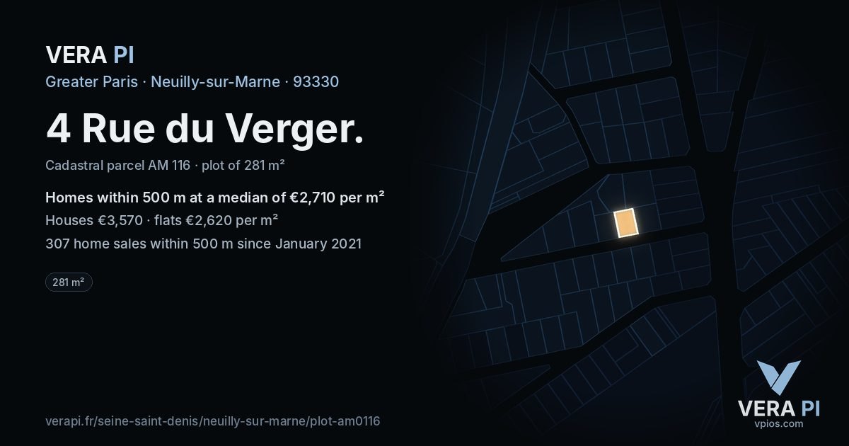 4 Rue du Verger, Neuilly-sur-Marne at night – the plot lit, the parcels around coloured by the prices near them