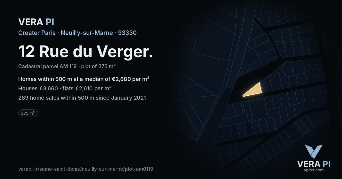 12 Rue du Verger, Neuilly-sur-Marne at night – the plot lit, the parcels around coloured by the prices near them