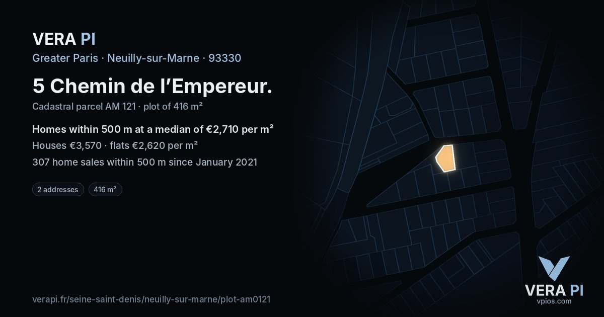 5 Chemin de l’Empereur, Neuilly-sur-Marne at night – the plot lit, the parcels around coloured by the prices near them
