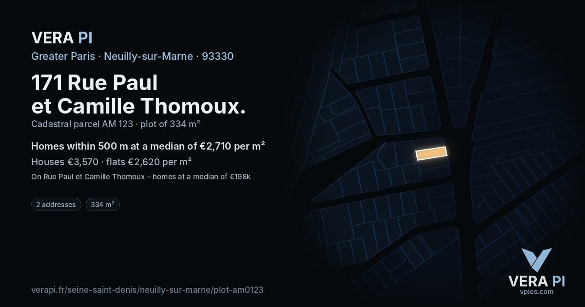 171 Rue Paul et Camille Thomoux, Neuilly-sur-Marne at night – the plot lit, the parcels around coloured by the prices near them