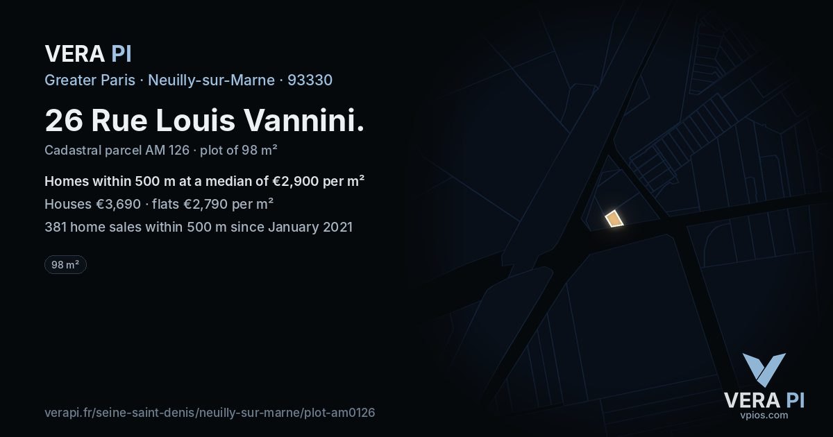 26 Rue Louis Vannini, Neuilly-sur-Marne at night – the plot lit, the parcels around coloured by the prices near them
