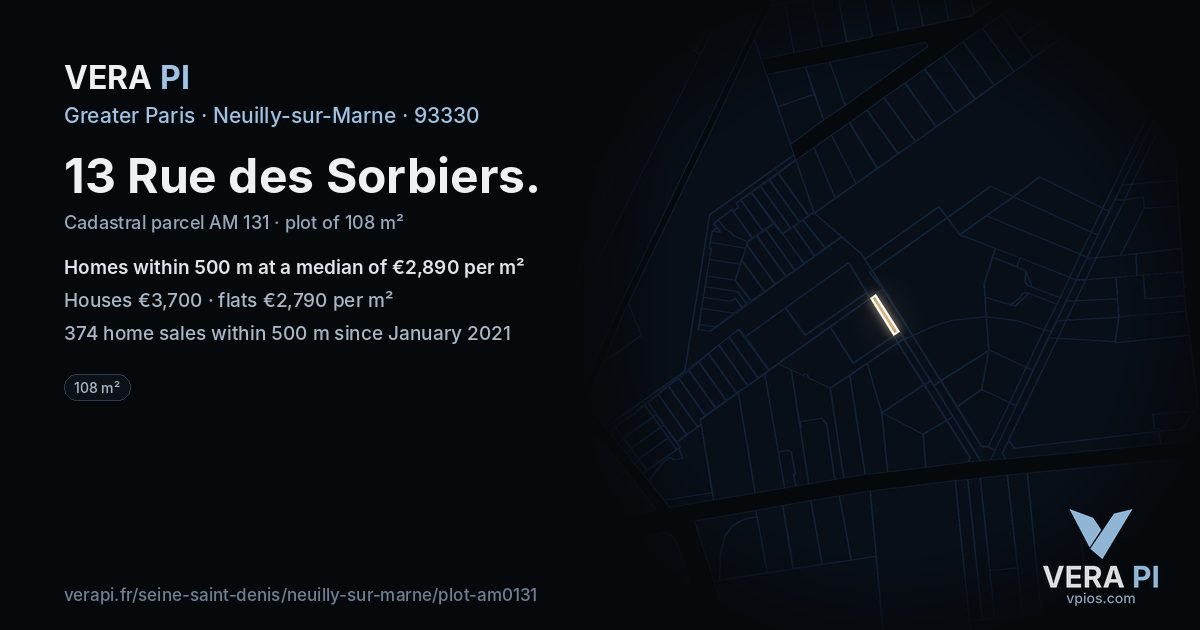 13 Rue des Sorbiers, Neuilly-sur-Marne at night – the plot lit, the parcels around coloured by the prices near them