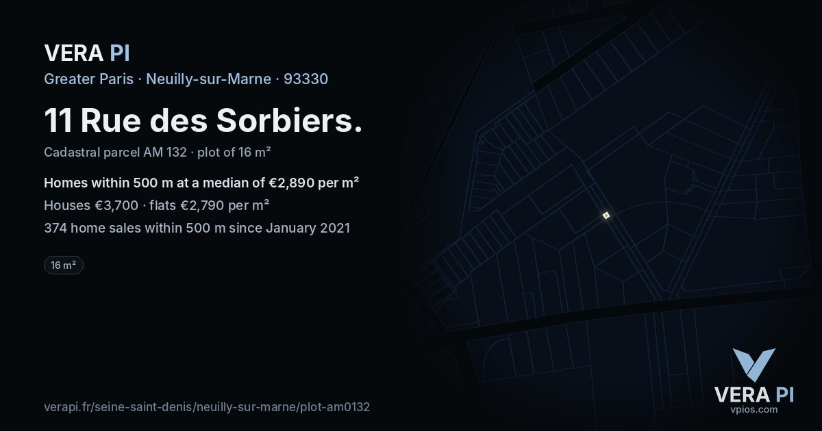 11 Rue des Sorbiers, Neuilly-sur-Marne at night – the plot lit, the parcels around coloured by the prices near them