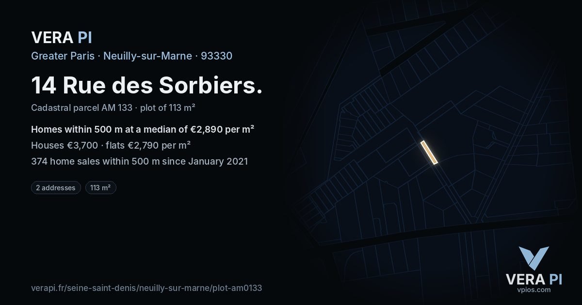 14 Rue des Sorbiers, Neuilly-sur-Marne at night – the plot lit, the parcels around coloured by the prices near them