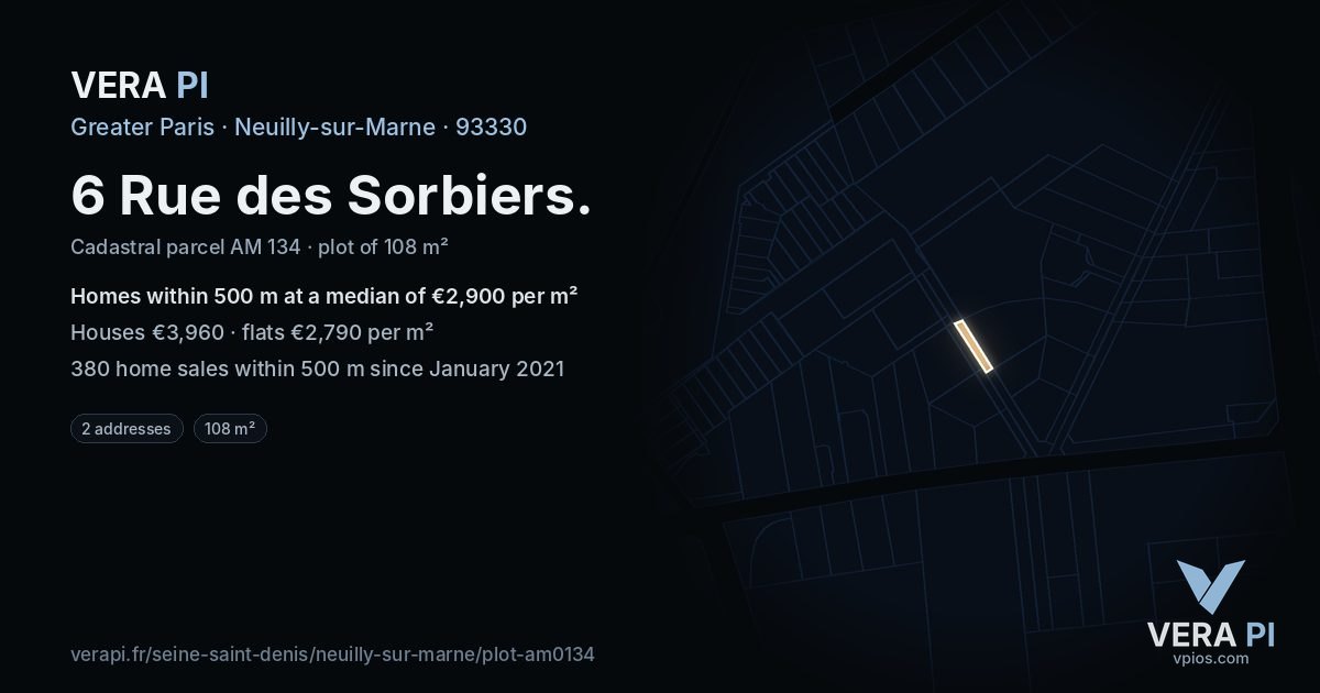 6 Rue des Sorbiers, Neuilly-sur-Marne at night – the plot lit, the parcels around coloured by the prices near them