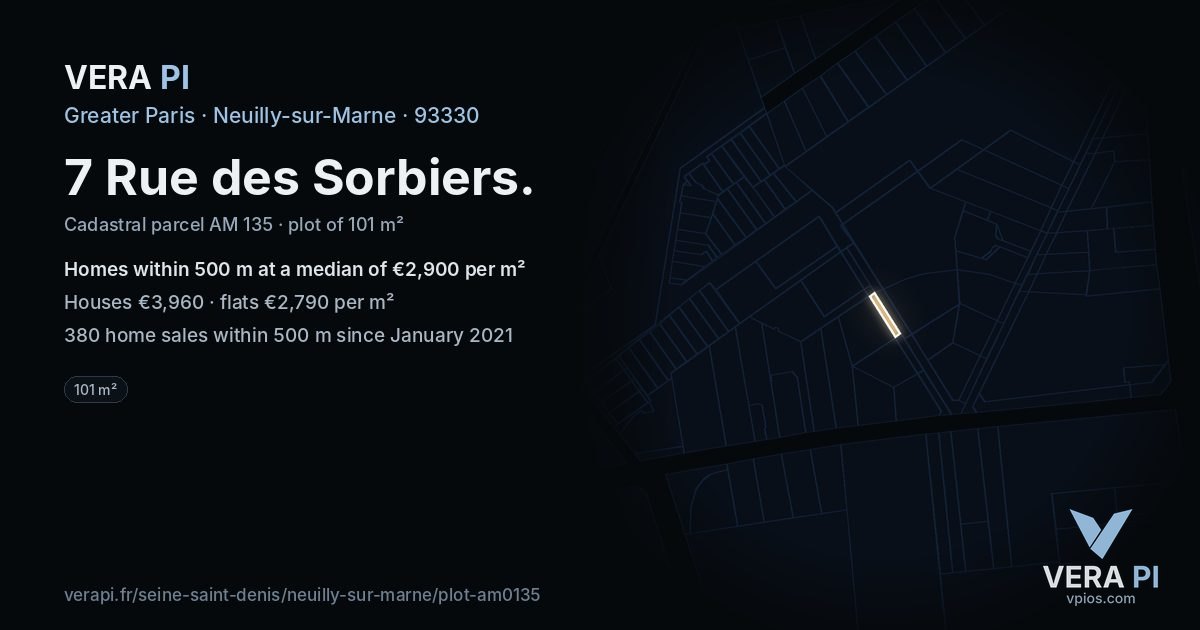 7 Rue des Sorbiers, Neuilly-sur-Marne at night – the plot lit, the parcels around coloured by the prices near them