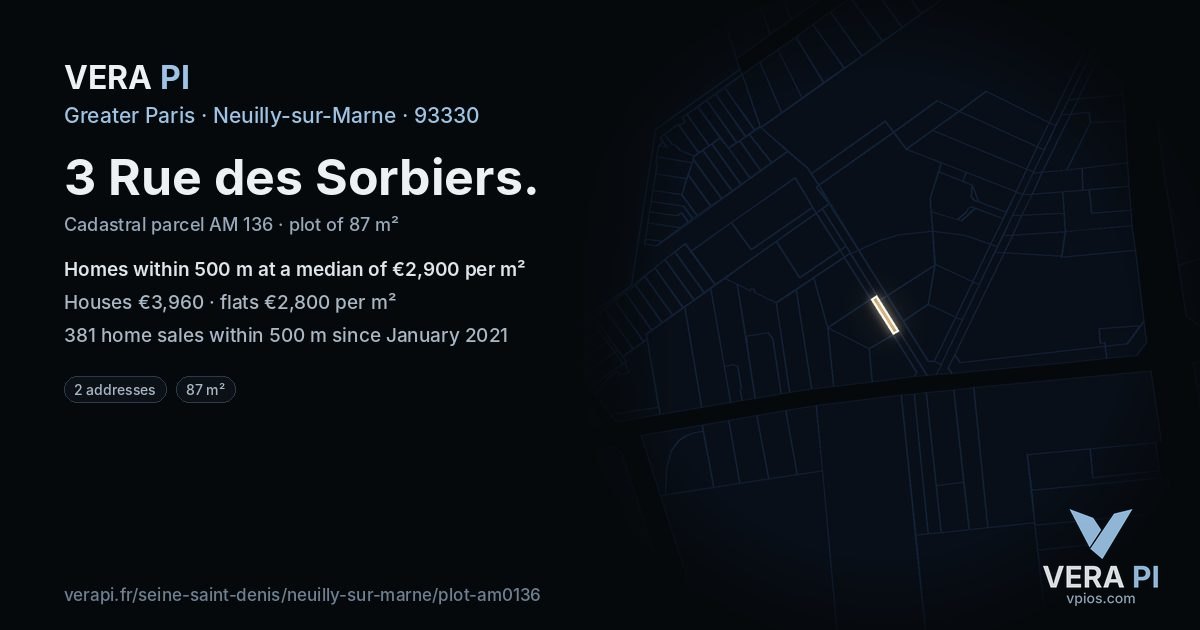 3 Rue des Sorbiers, Neuilly-sur-Marne at night – the plot lit, the parcels around coloured by the prices near them