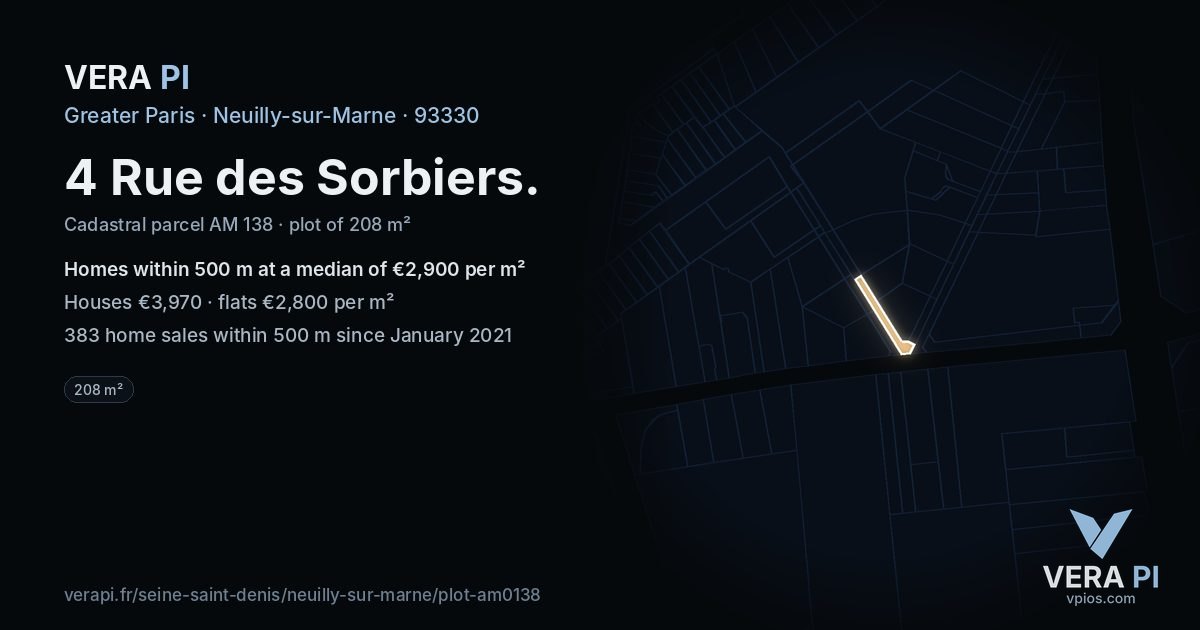 4 Rue des Sorbiers, Neuilly-sur-Marne at night – the plot lit, the parcels around coloured by the prices near them