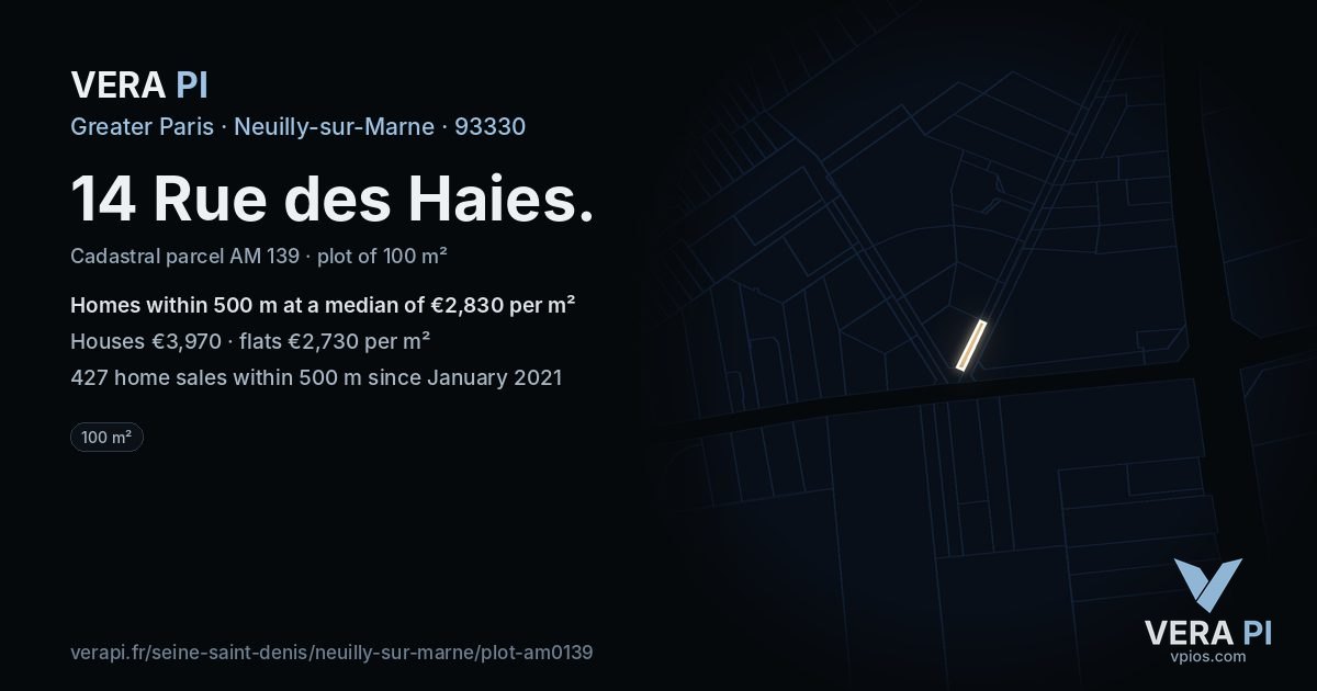 14 Rue des Haies, Neuilly-sur-Marne at night – the plot lit, the parcels around coloured by the prices near them