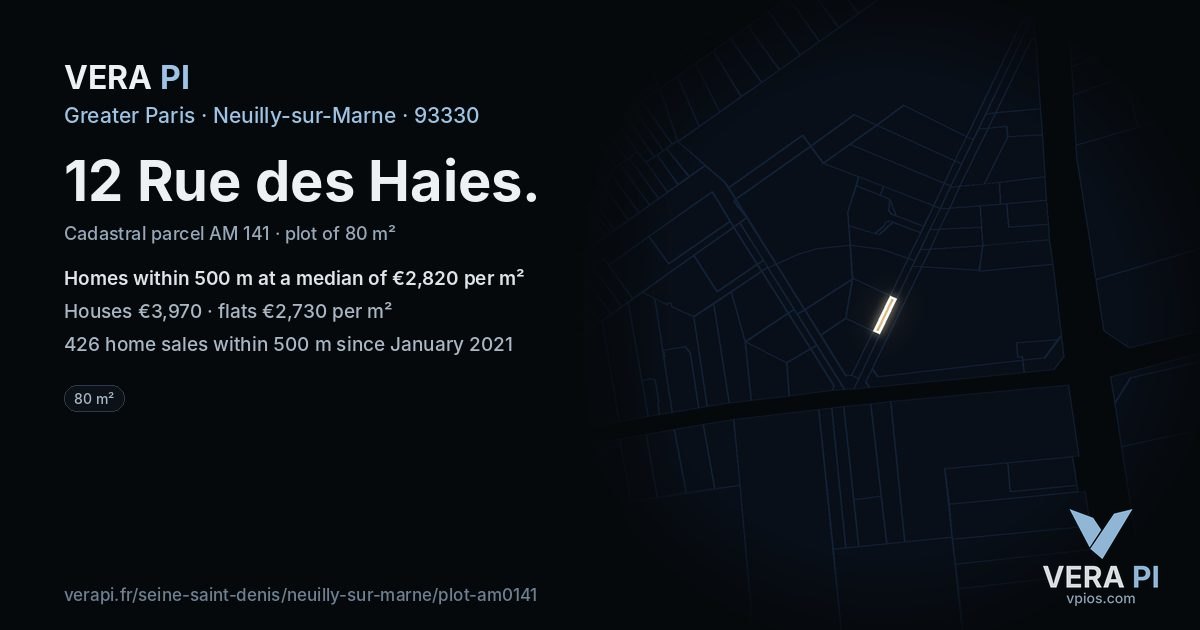 12 Rue des Haies, Neuilly-sur-Marne at night – the plot lit, the parcels around coloured by the prices near them