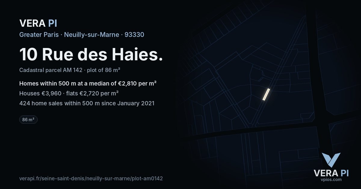 10 Rue des Haies, Neuilly-sur-Marne at night – the plot lit, the parcels around coloured by the prices near them