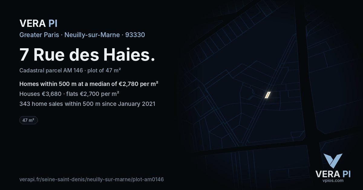 7 Rue des Haies, Neuilly-sur-Marne at night – the plot lit, the parcels around coloured by the prices near them