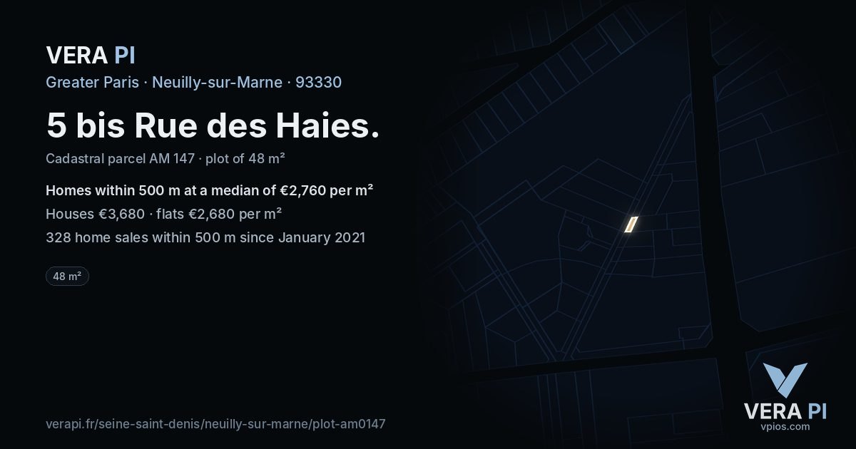 5 bis Rue des Haies, Neuilly-sur-Marne at night – the plot lit, the parcels around coloured by the prices near them