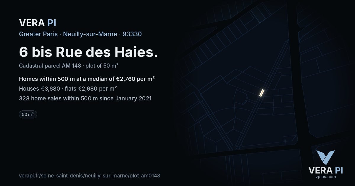 6 bis Rue des Haies, Neuilly-sur-Marne at night – the plot lit, the parcels around coloured by the prices near them