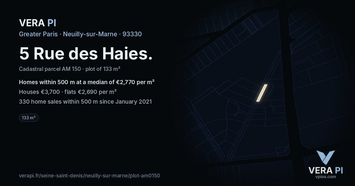 5 Rue des Haies, Neuilly-sur-Marne at night – the plot lit, the parcels around coloured by the prices near them