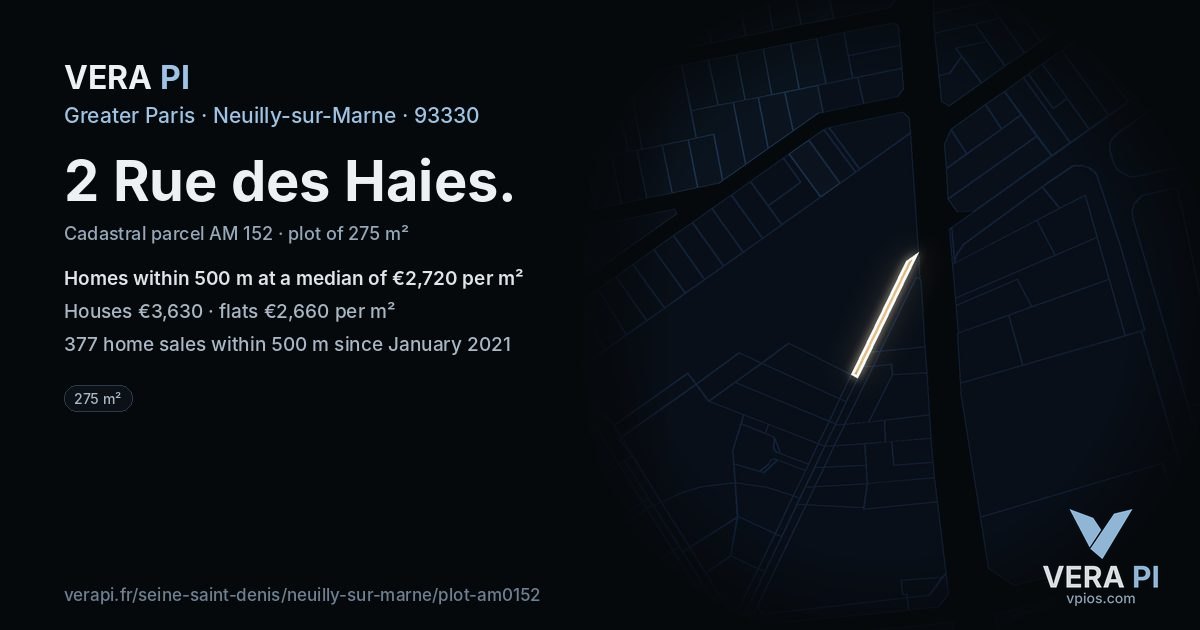 2 Rue des Haies, Neuilly-sur-Marne at night – the plot lit, the parcels around coloured by the prices near them