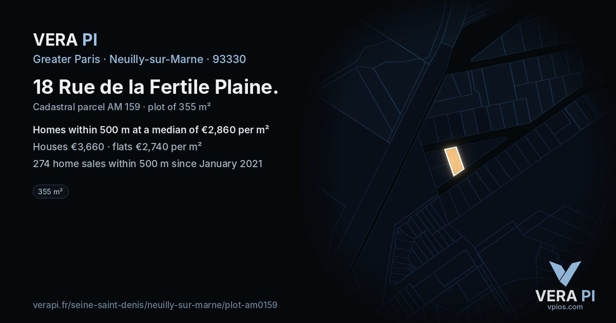 18 Rue de la Fertile Plaine, Neuilly-sur-Marne at night – the plot lit, the parcels around coloured by the prices near them