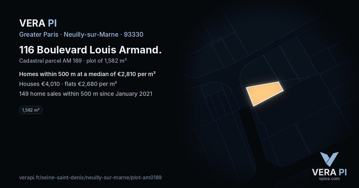 116 Boulevard Louis Armand, Neuilly-sur-Marne at night – the plot lit, the parcels around coloured by the prices near them