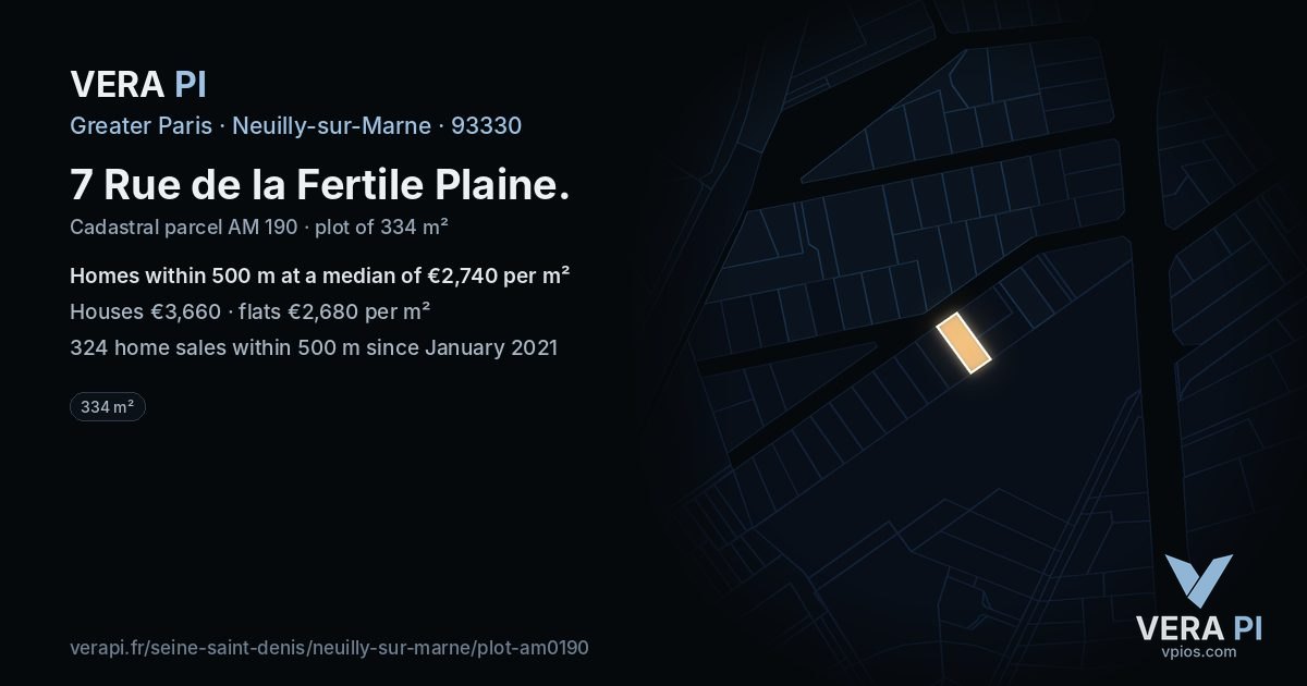7 Rue de la Fertile Plaine, Neuilly-sur-Marne at night – the plot lit, the parcels around coloured by the prices near them
