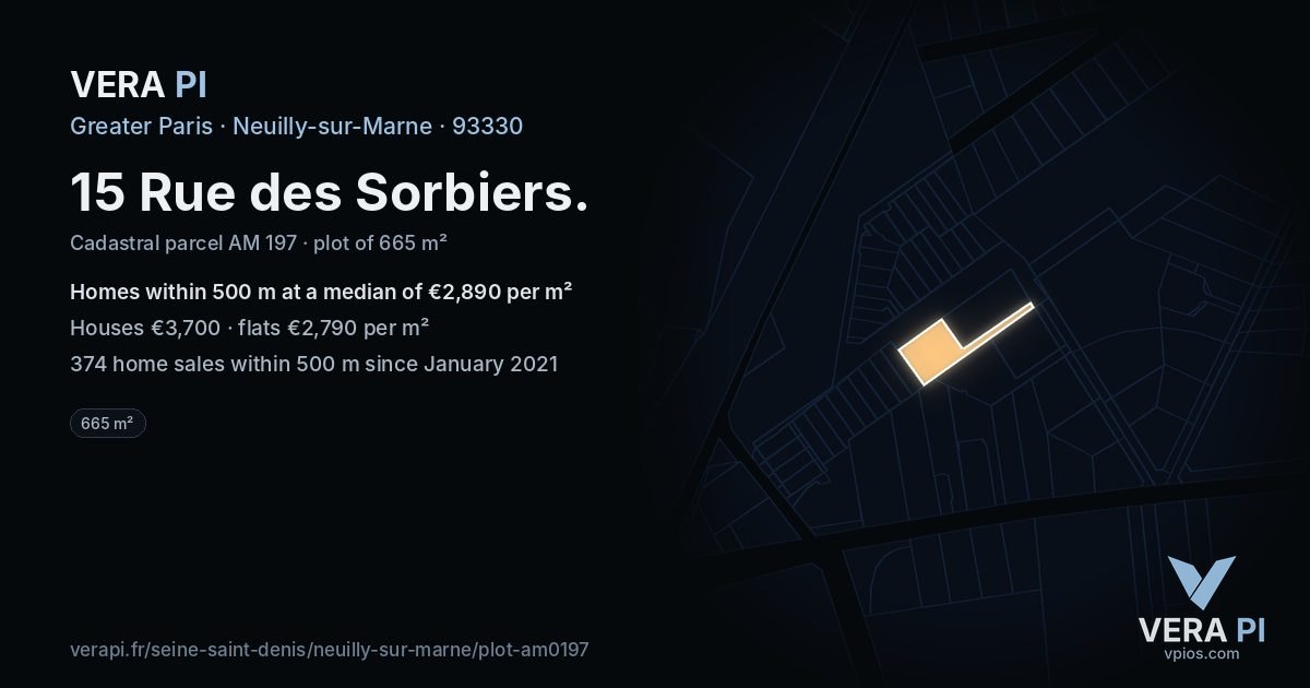 15 Rue des Sorbiers, Neuilly-sur-Marne at night – the plot lit, the parcels around coloured by the prices near them