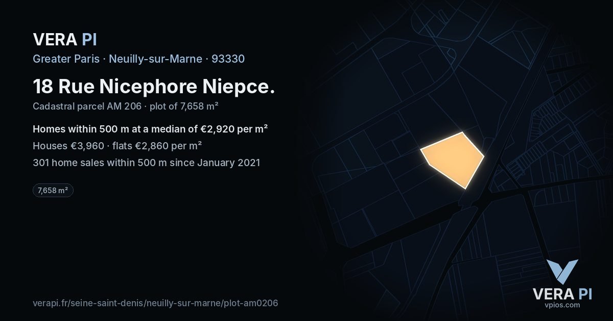 18 Rue Nicephore Niepce, Neuilly-sur-Marne at night – the plot lit, the parcels around coloured by the prices near them