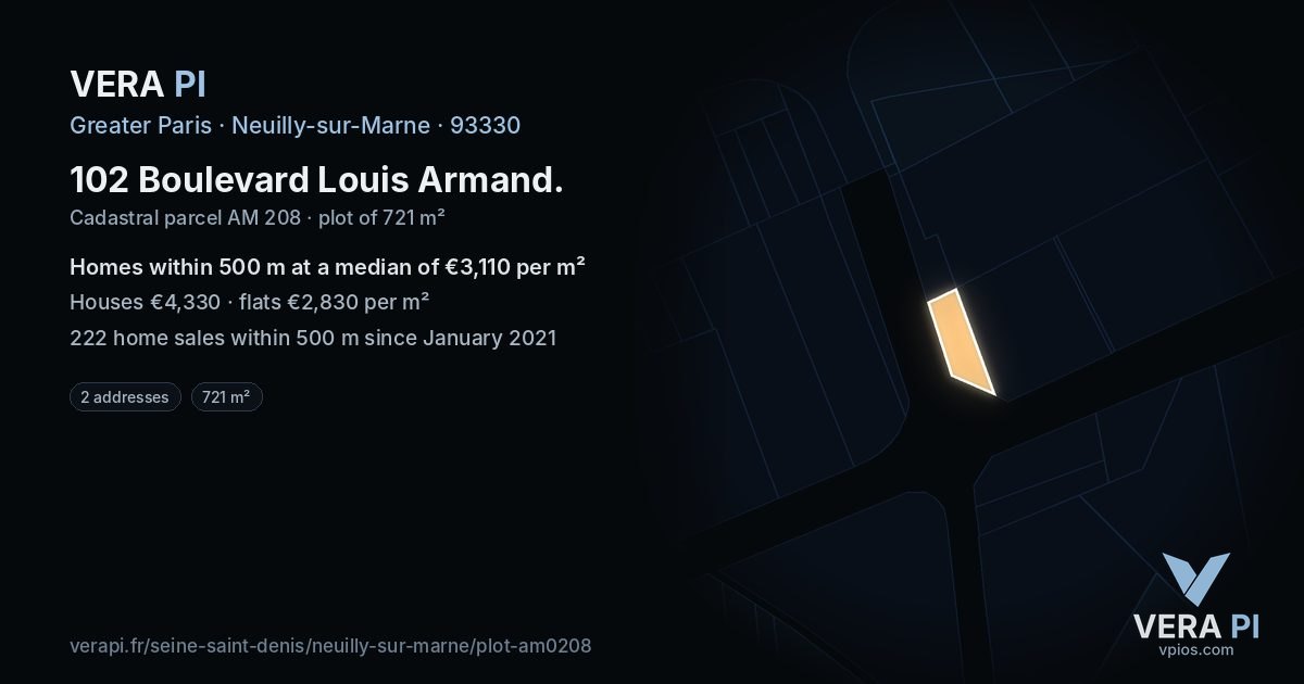 102 Boulevard Louis Armand, Neuilly-sur-Marne at night – the plot lit, the parcels around coloured by the prices near them