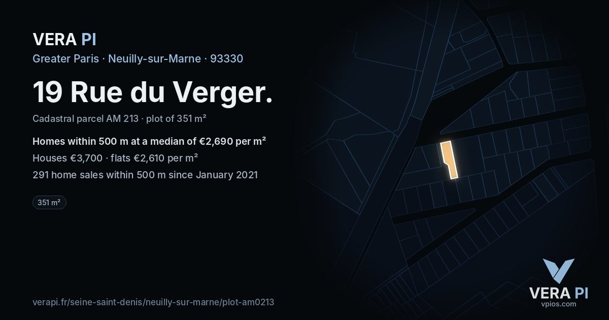 19 Rue du Verger, Neuilly-sur-Marne at night – the plot lit, the parcels around coloured by the prices near them