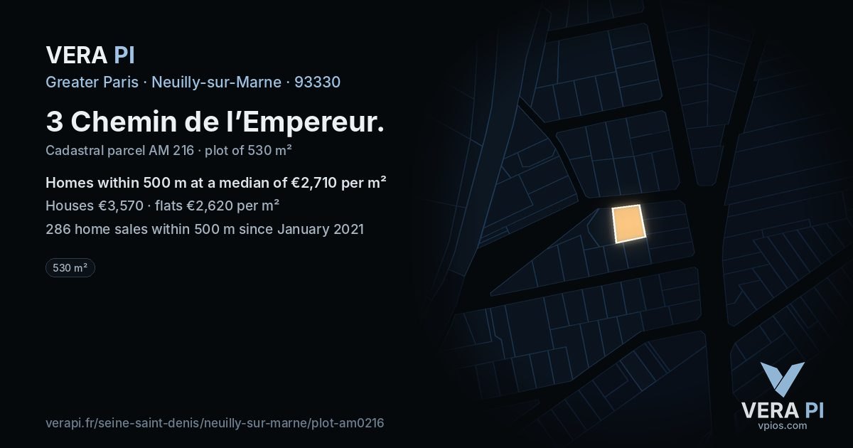 3 Chemin de l’Empereur, Neuilly-sur-Marne at night – the plot lit, the parcels around coloured by the prices near them