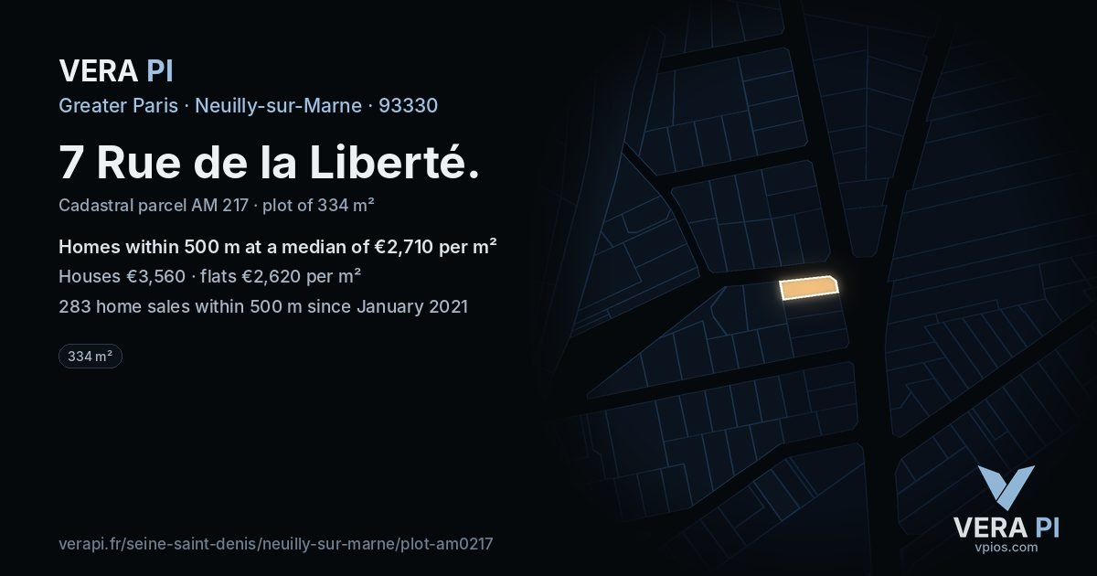 7 Rue de la Liberté, Neuilly-sur-Marne at night – the plot lit, the parcels around coloured by the prices near them