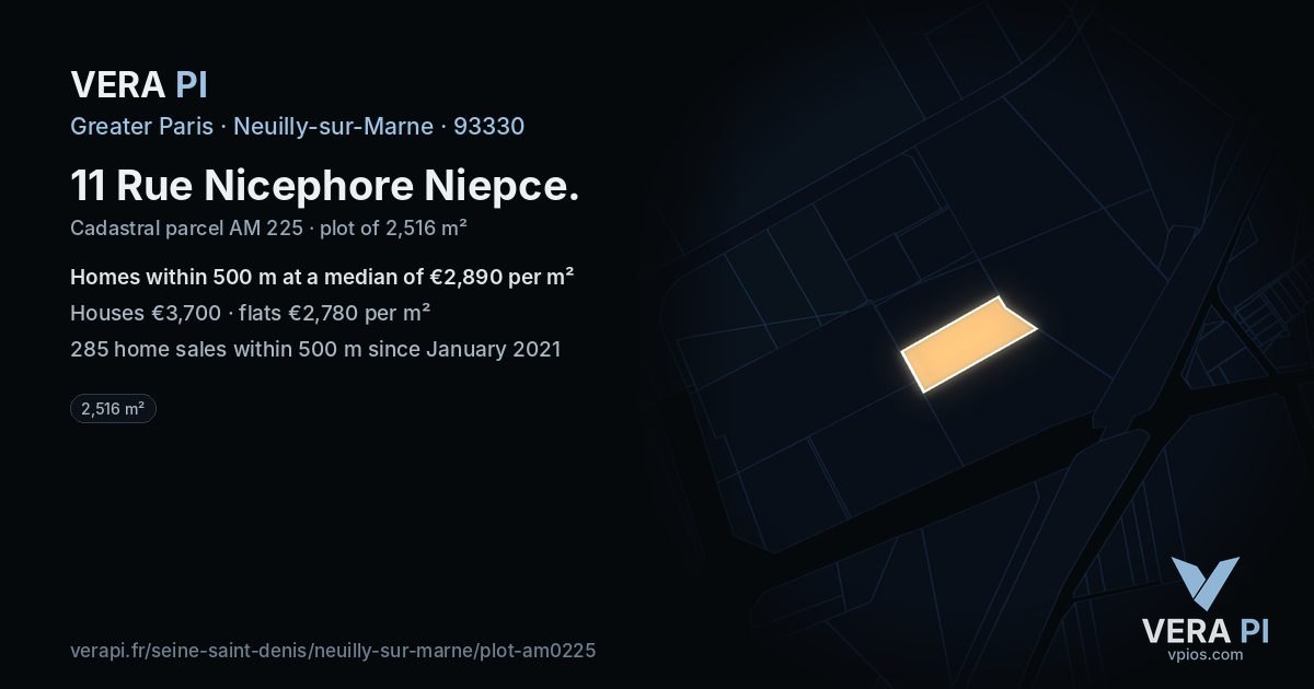 11 Rue Nicephore Niepce, Neuilly-sur-Marne at night – the plot lit, the parcels around coloured by the prices near them